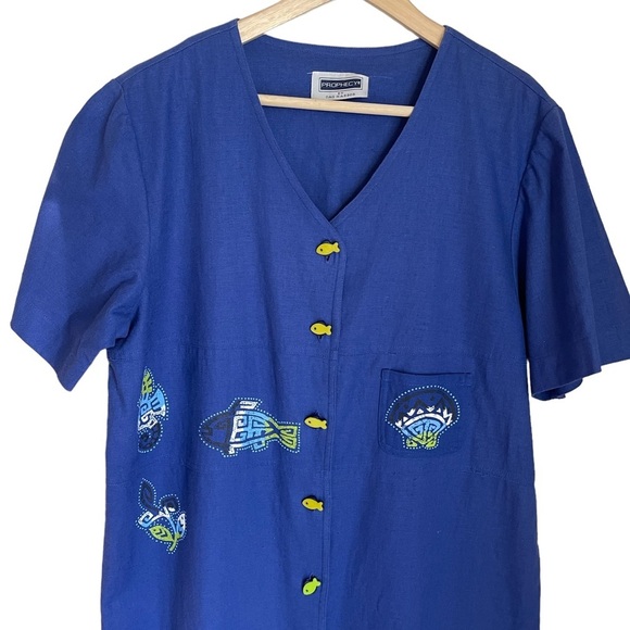 Vintage Sag Harbor Linen & Cotton  Maxi Dress with Fish Buttons and Fish Print - Picture 4 of 9